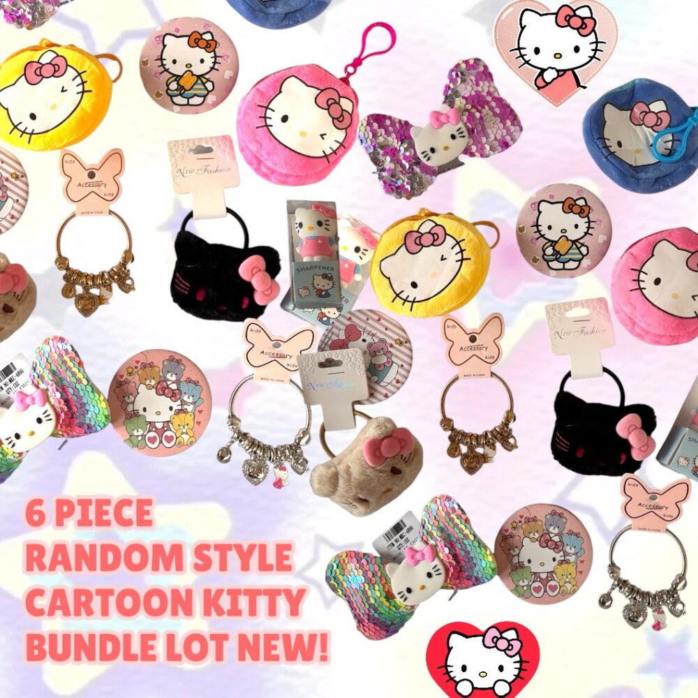 6 PC. HELLO KITTY CARTOON RANDOM  PURSE CHARM KEYCHAIN PLUSH BOW MIRROW LOT NEW!
